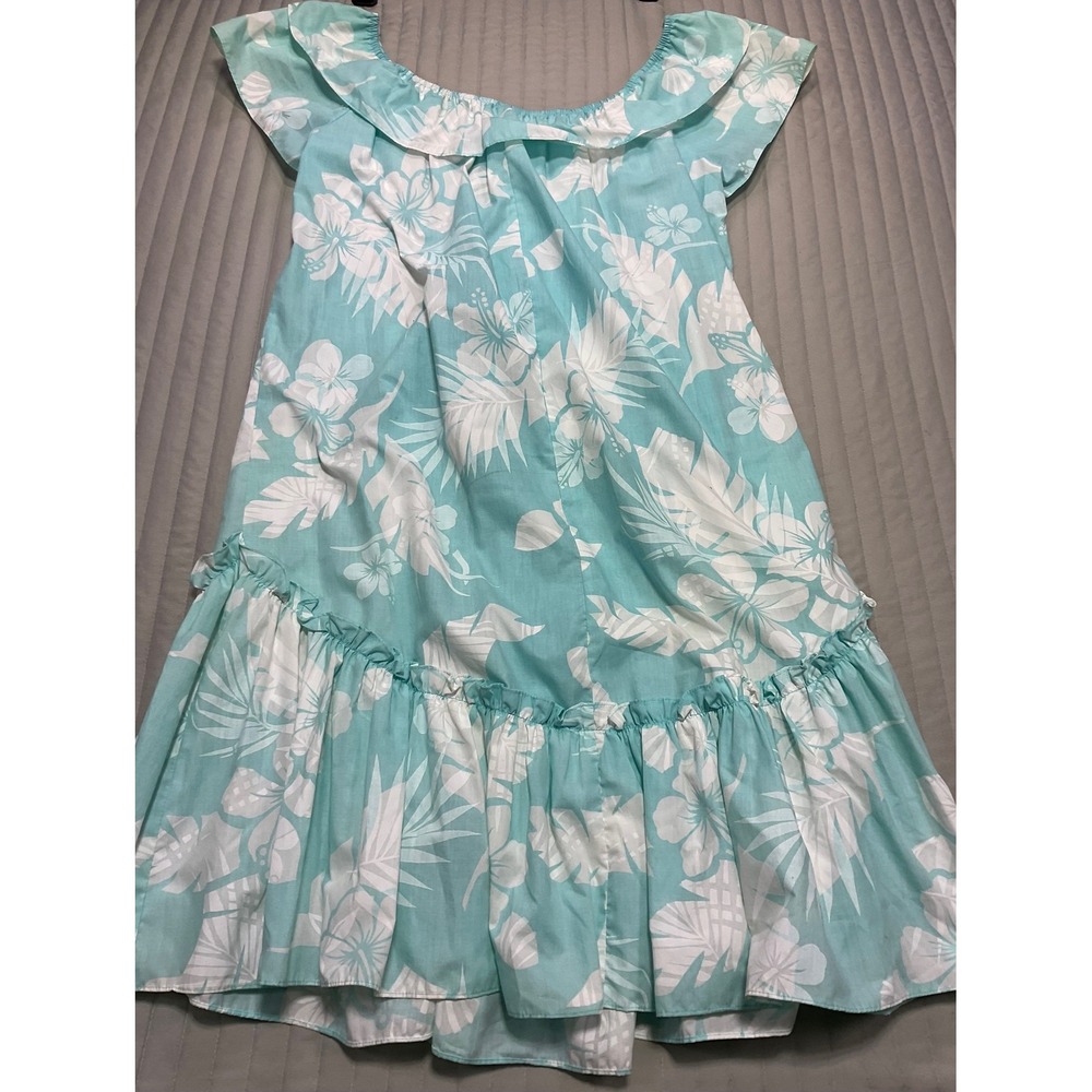 VTG 80/90s Kole Kole Hawaiian Aloha Muu Muu Ruffle Dress Aqua Monstera Women's S - Picture 14 of 16